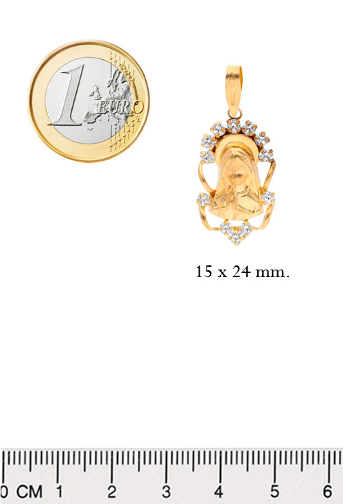 Medalla oro Virgen Niñ medalla oro ley 18 kilates con circonitas imagen virgen nina foto medida comparada con un euro