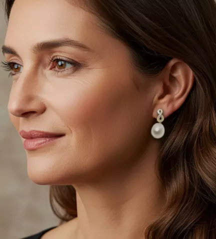 pendientes de oro con perlas cultivadas largos foto modelo IA