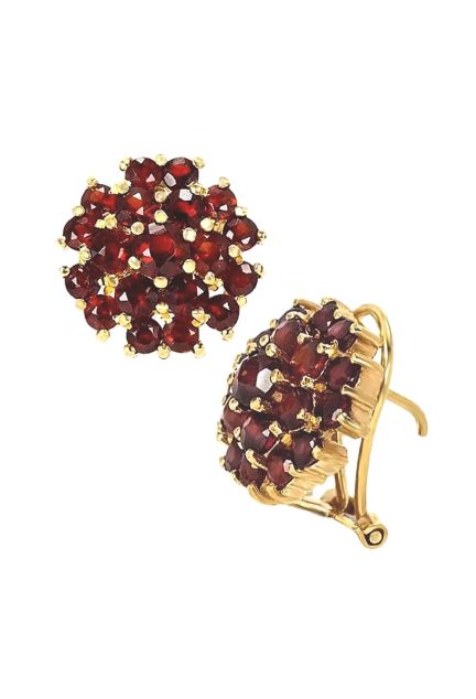 pendientes oro amarillo 18 kilates roseta de granates vista lateral