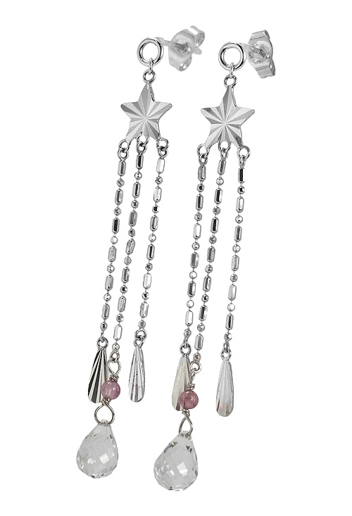 Pendientes de oro blanco 18 ktes. con cuarzo transparente. 100_C1028 Pendientes oro 1ª ley 750 mmas. (18 k.) largos con piedras oro blanco rfcia.100_C1028