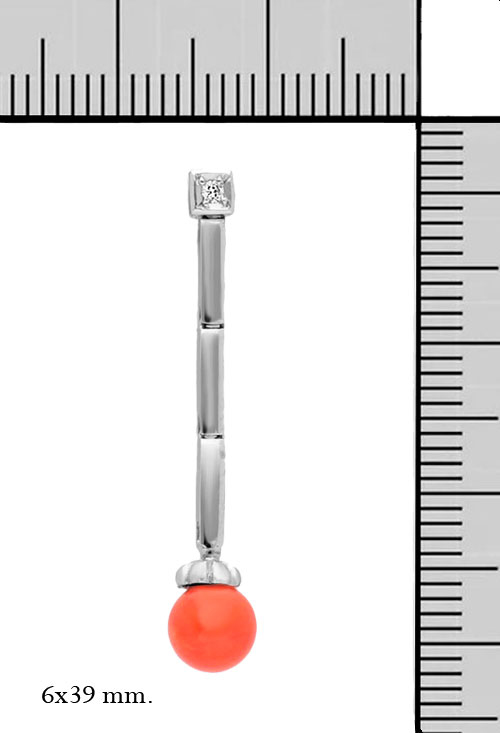 Pendientes largos oro blanco 18k coral y diamante 133_4805-P pendiente largo oro blanco 18 kilates coral y diamante foto con medidas