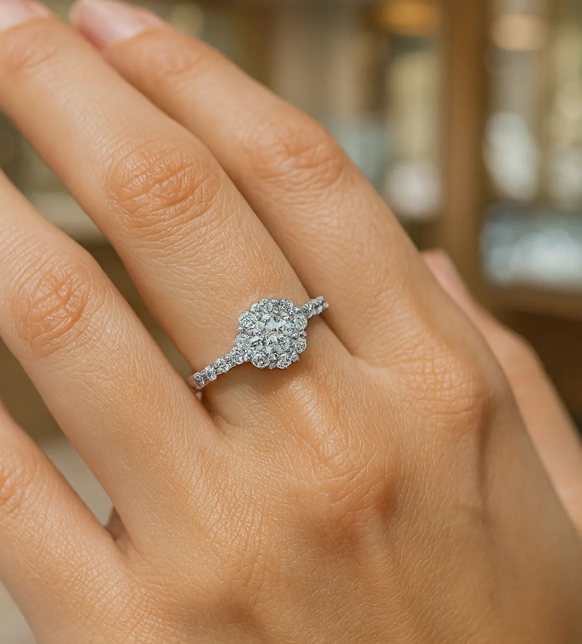 Anillo de compromiso oro blanco 18K 085_0113370S anillo de compromiso oro blanco 18k con circones 085_0113370S toma modelo mano de mujer