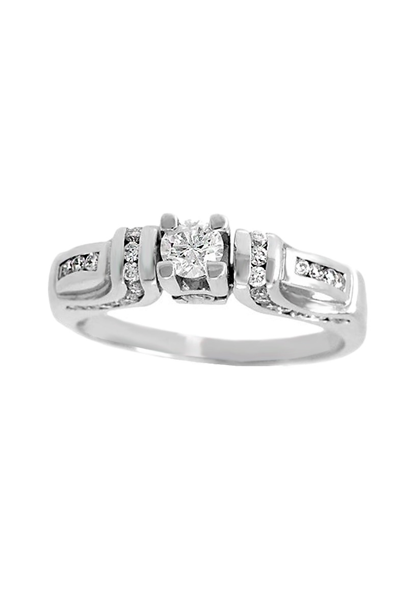 Anillo de compromiso oro blanco y diamantes 139_54930101-B Anillo de compromiso de oro blanco 18 kilates con diamantes, brazo con galerías de diamantes a lo largo y a lo ancho con garra central de 4 patas 139_54930101-B