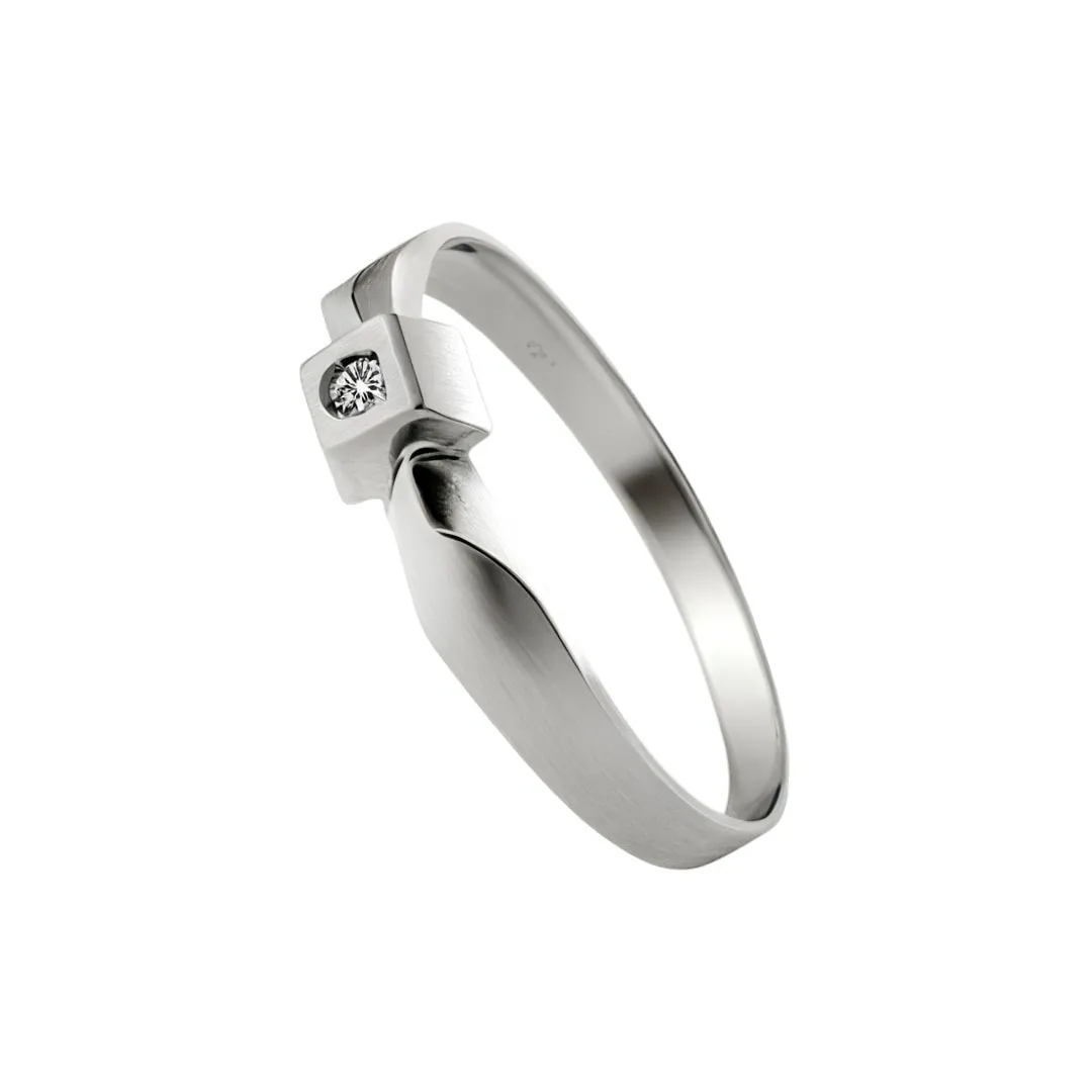 Anillo de oro blanco y brillante, diseño singular anillo de compromiso boquilla cuadrada con brillante vista lateral