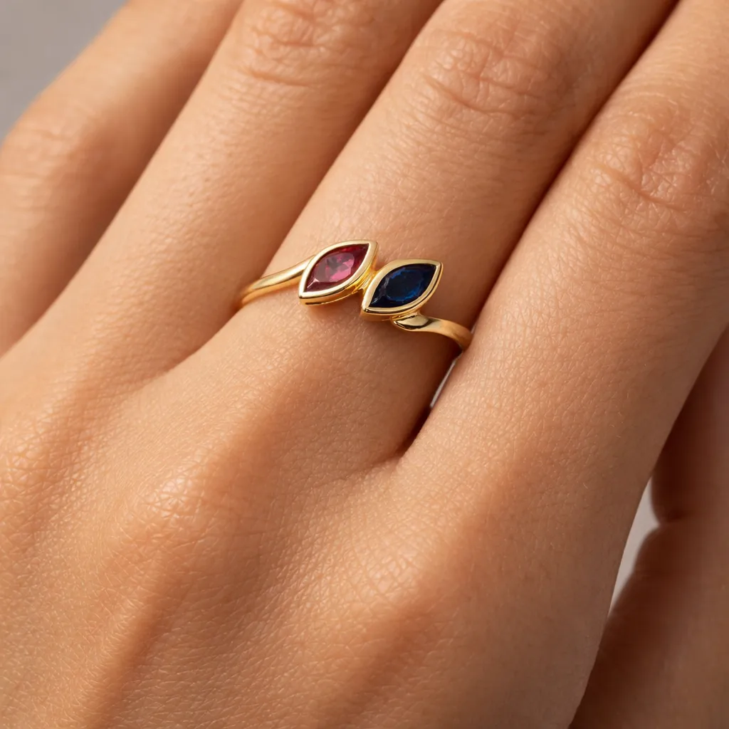 Sortija de oro amarillo 18K con rubí y zafiro 036_S66122 anillo de oro 18k con zafiro y rubi talla nave