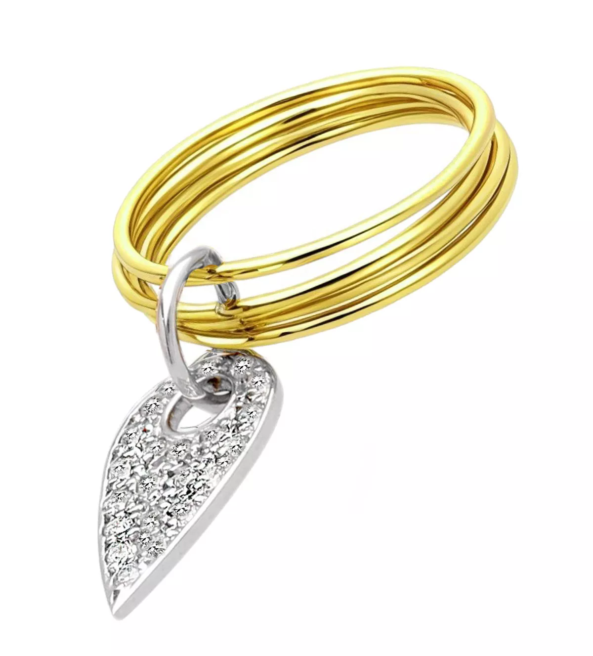 Anillo de oro bicolor 18K "Danzad" anillo de oro bicolor con circones en hoja colgando toma de lado