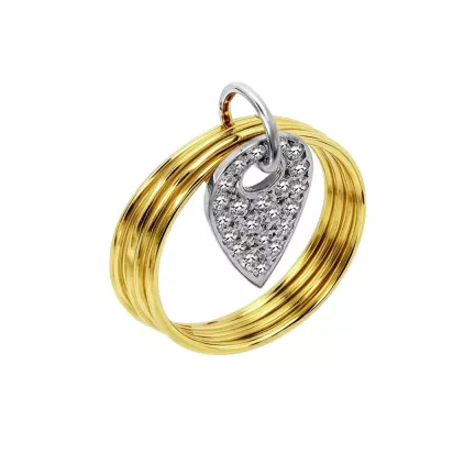 anillo de oro bicolor con circones en hoja colgando