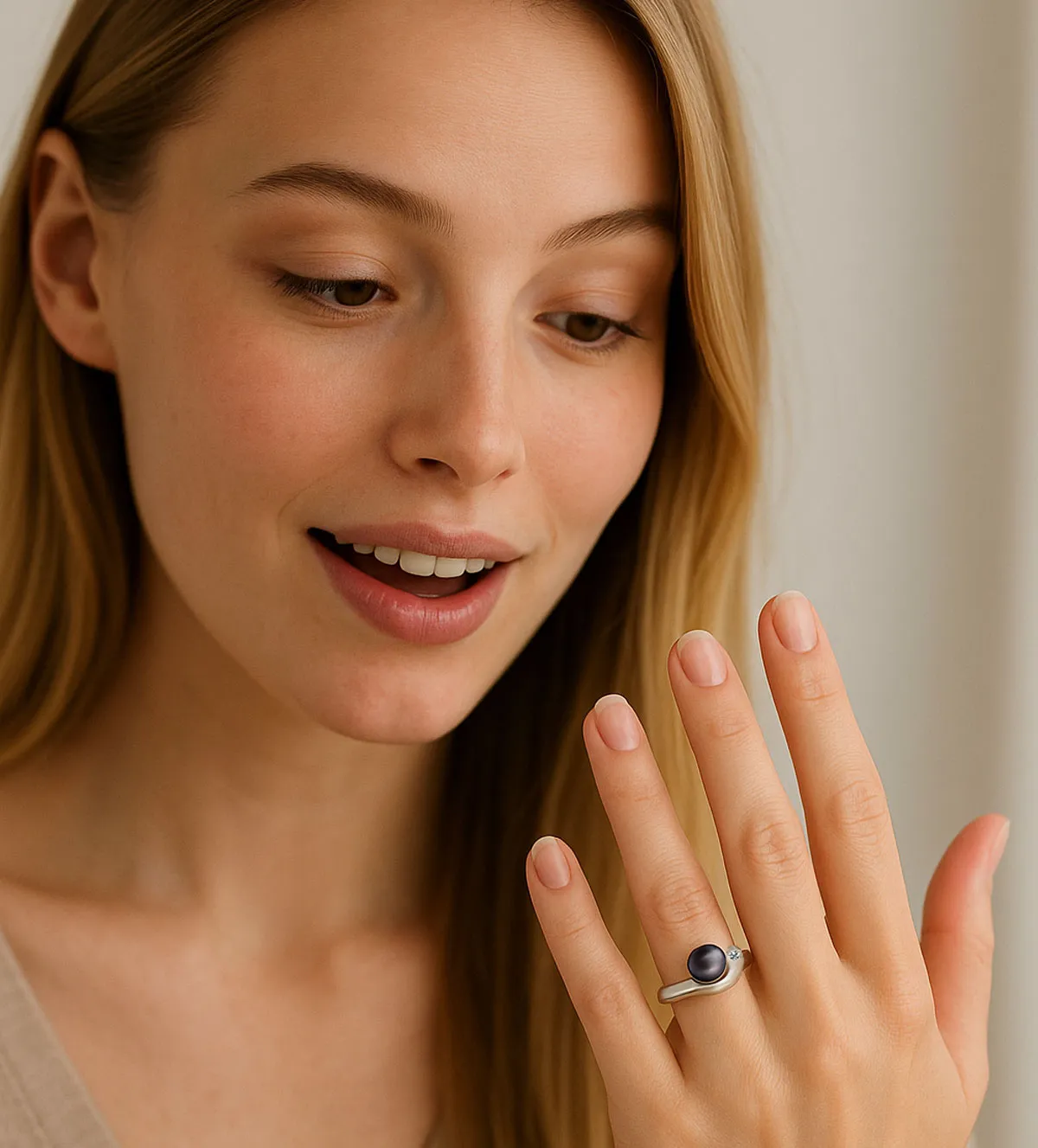 Anillo de oro blanco 18k con perla gris tahiti 146_0295 anillo-de-oro-blanco-18k-con-perla-tahiti-y-circon-146_0295 modelo mujer