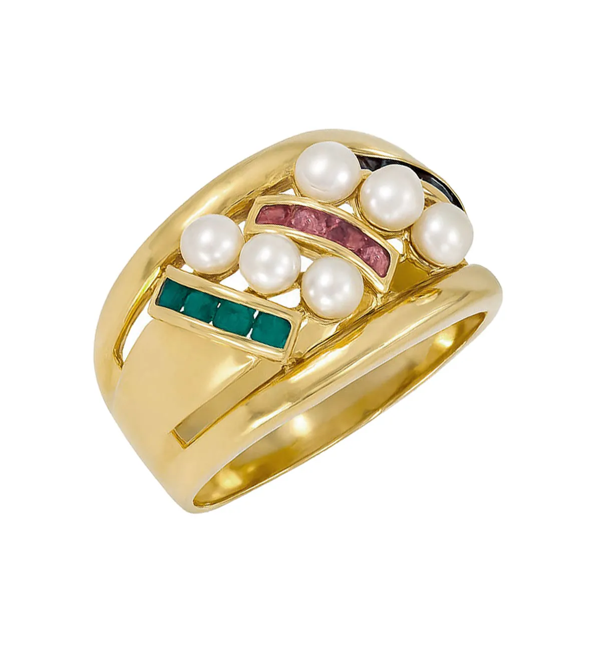 Anillo de oro 18 ktes con perlas y piedras preciosas 044_6179 anillo-de-oro-perlas-rubies-esmeraldas-y-zafiros-044_6179 toma lateral oblicua
