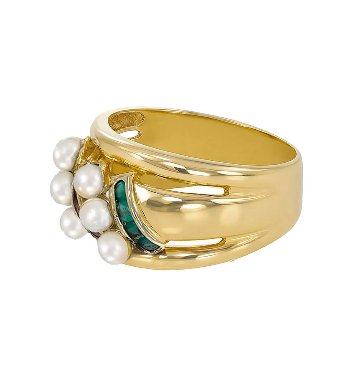 Anillo de oro 18 ktes con perlas y piedras preciosas 044_6179 anillo-de-oro-perlas-rubies-esmeraldas-y-zafiros-044_6179 toma lateral derecha
