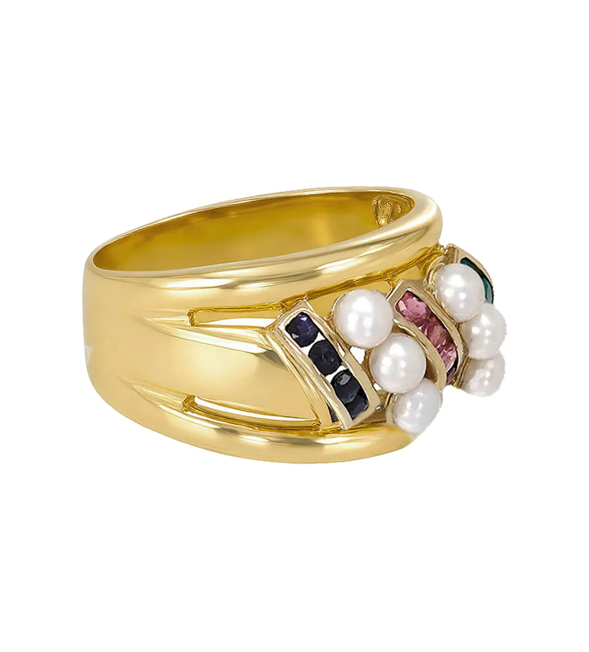 Anillo de oro 18 ktes con perlas y piedras preciosas 044_6179 anillo-de-oro-perlas-rubies-esmeraldas-y-zafiros-044_6179 toma lateral izquierda