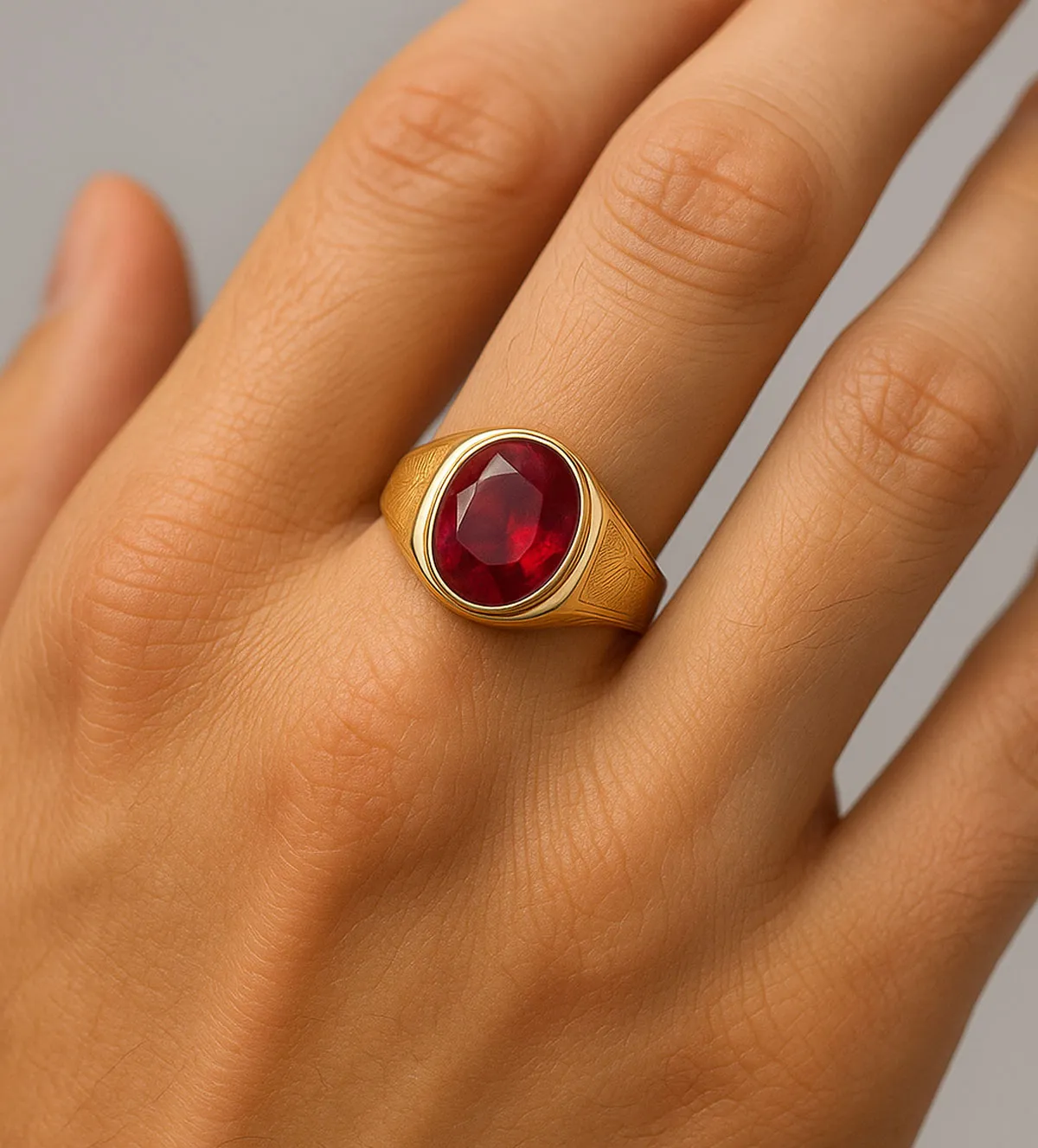 Anillo de oro 18k sello para hombre rubí simil 002_222-S anillo-de-oro-sello-para-hombre-rubi-sintetico-002_222-S modelo mano