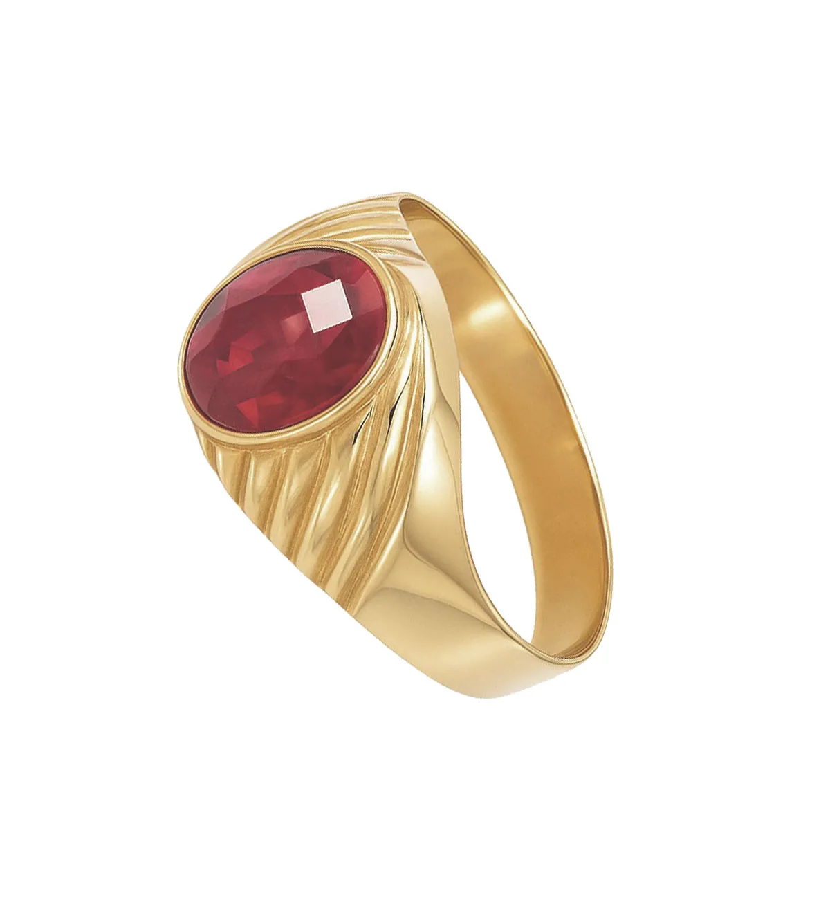 Anillo de oro amarillo para hombre. 002_476-S-R anillo-de-oro-tipo-sello-con-simil-rubi-002_476-S-R toma oblicua