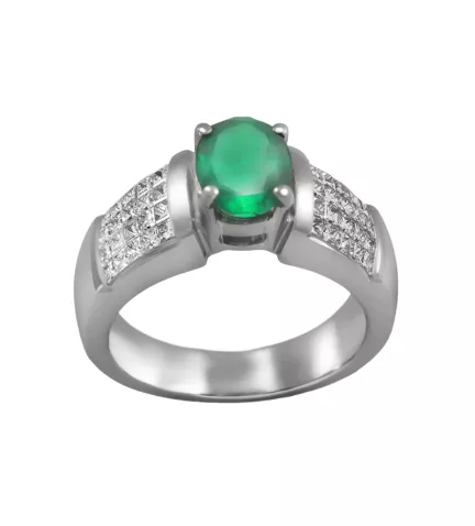 anillo oro blanco 18k con diamantes y esmeralda