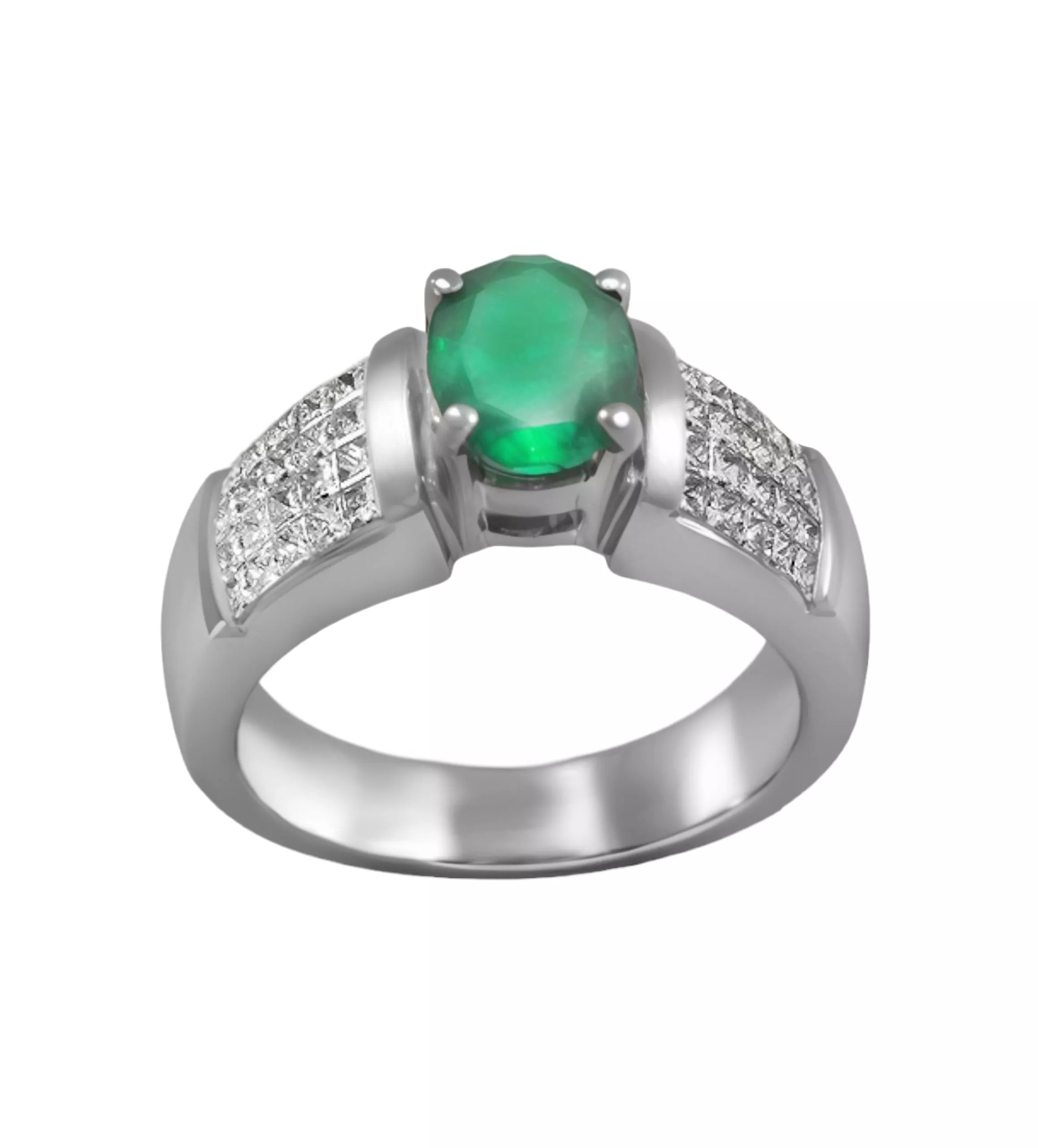 Sortija mujer oro blanco 18 ktes. con esmeralda y diamantes. 067_P000200030 anillo oro blanco 18k con diamantes y esmeralda