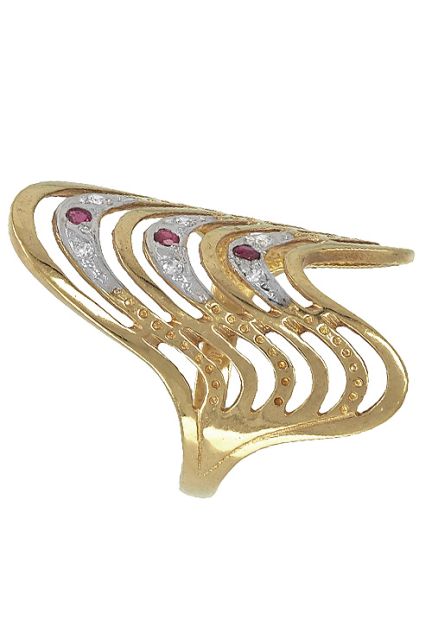 Anillo de oro bicolor de ley de 18 kilates tipo egipcio con rubi y circonitas en joyeria online a los mejores precios de internet