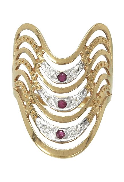 Anillo de oro bicolor de ley de 18 kilates tipo egipcio con rubi y circonitas en joyeria online a los mejores precios de internet