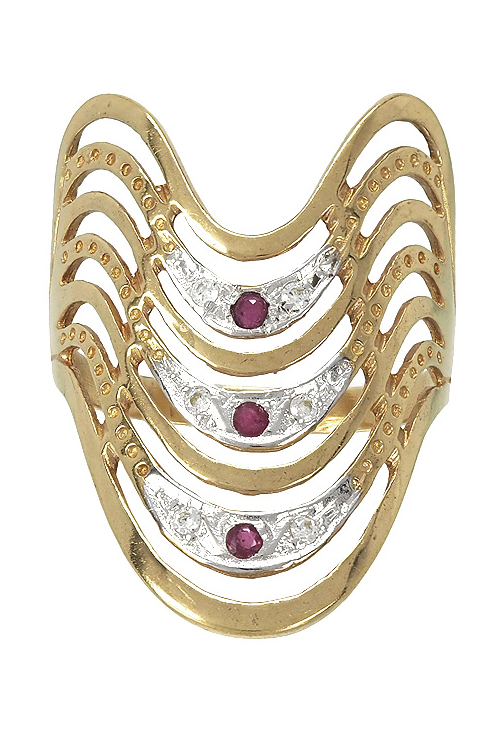 Anillo de oro bicolor de ley de 18 kilates tipo egipcio con rubi y circonitas en joyeria online a los mejores precios de internet