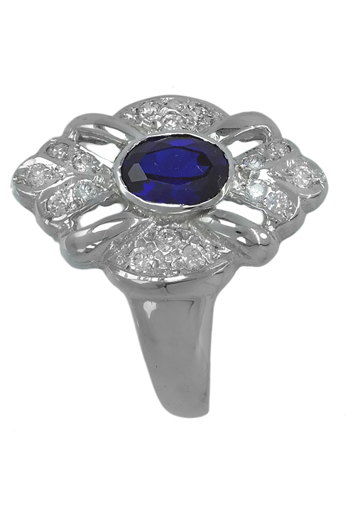 anillo oro blanco 18K con circonitas y zafiro reconstituido modelo lanzadera foto de lado precio barato joyeria online168_05756-0A_01