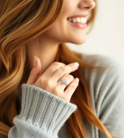 anillo de compromiso oro blanco y diamantes ESFERA toma mano mujer IA