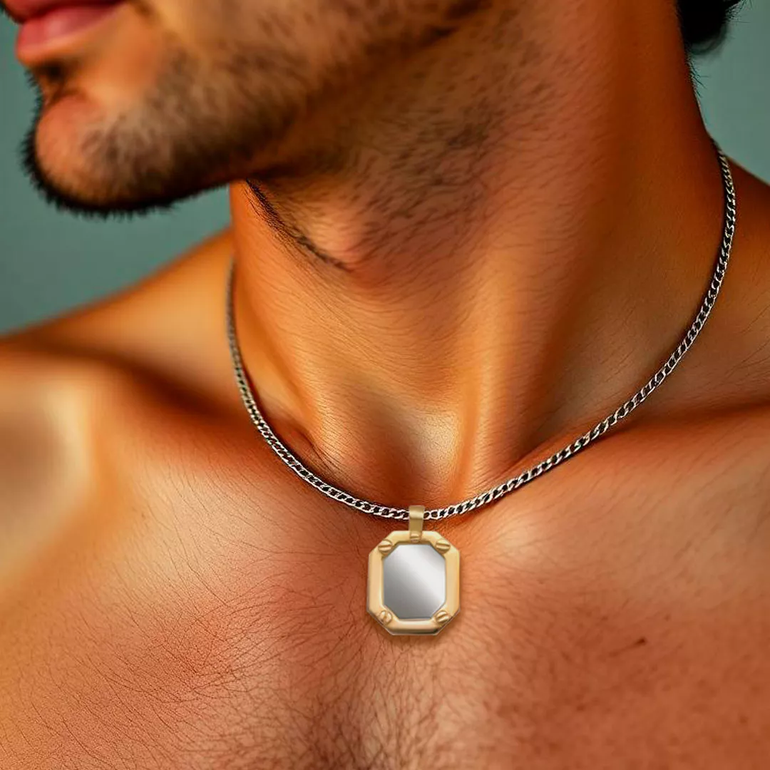 Chapa de identidad de acero y oro 142_0011-16 chapa de identidad de acero y oro para hombre toma modelo masculino