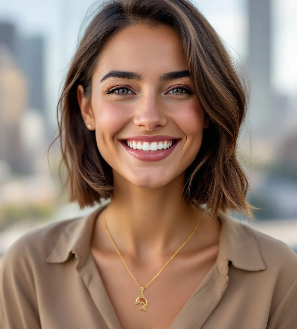 Colgante de oro 18K delfín 146_L011-C colgante de oro 18k delfin con coralina imagen con modelo