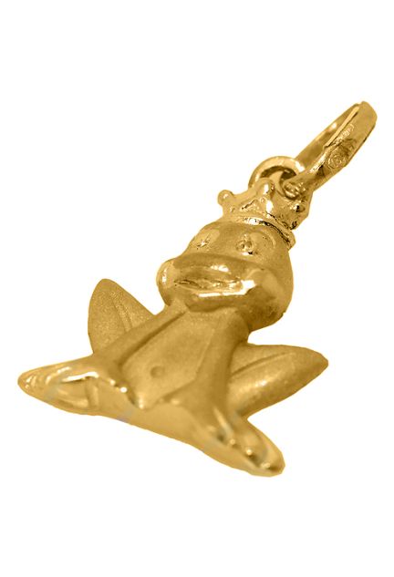Colgante de oro amarillo 18 kilates, figura de la famosa rana del cuento en el que después de recibir un beso de la hermosa dama se convierte en príncipe, acabado en mate y brillo, un bonito detalle para celebrar cualquier tipo de evento.