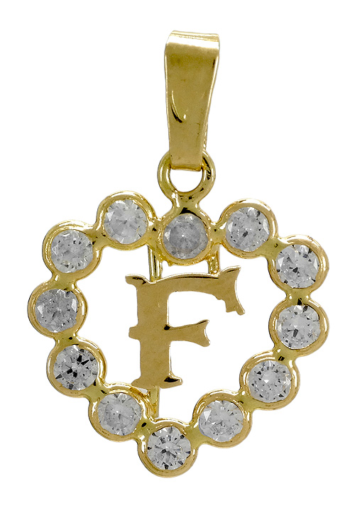 Colgante de oro, inicial F, en corazón para enamorados. 141_01141F colgante inicial F oro 18 kilates corazón con circonitas 141_01141F