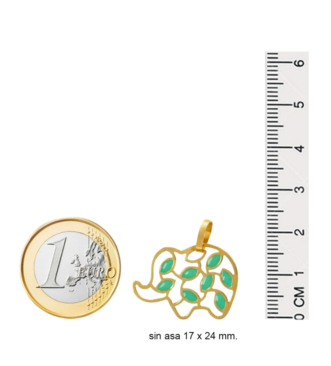 colgante oro forma de elefante calada y con adornos color azul turquesa 146_LN06A_M toma medidas