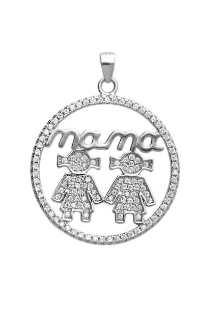 colgante de plata imagen de dos niñas y palabra mama FOTO FRONTAL