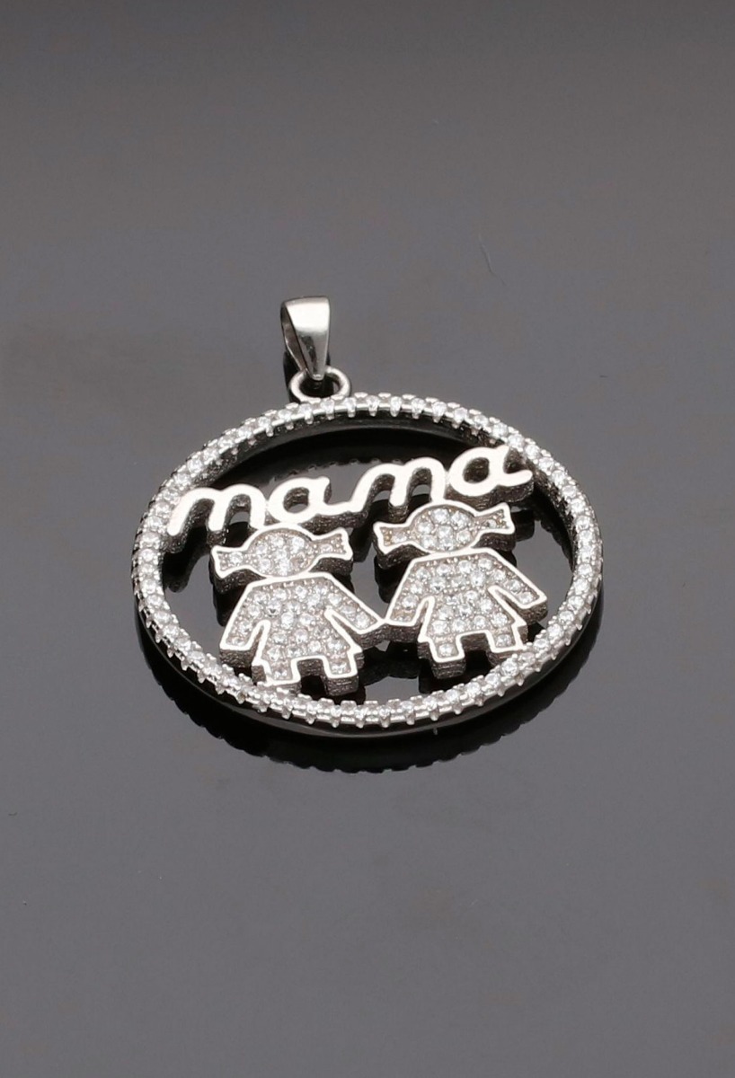 Colgante plata Día de la Madre 2 niñas en circulo 265_373-C colgante de plata imagen de dos niñas y palabra mama foto sobre fondo negro