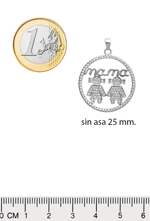 Colgante plata Día de la Madre 2 niñas en circulo 265_373-C colgante de plata imagen de dos niñas y palabra mama foto medidas comparadas