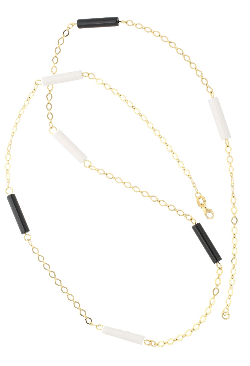 Collar oro amarillo con entrepiezas ágatas blancas y negras 007_11884-BO collar oro amarillo 18 kilates con agatas blancas y negras vista completa 007_11884-BO_02