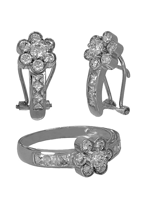 Conjunto oro blanco 18 ktes 002_50979B conjunto anillo y pendientes oro blanco 18 kilates motivo flor con circonitas foto principal 002_50979B