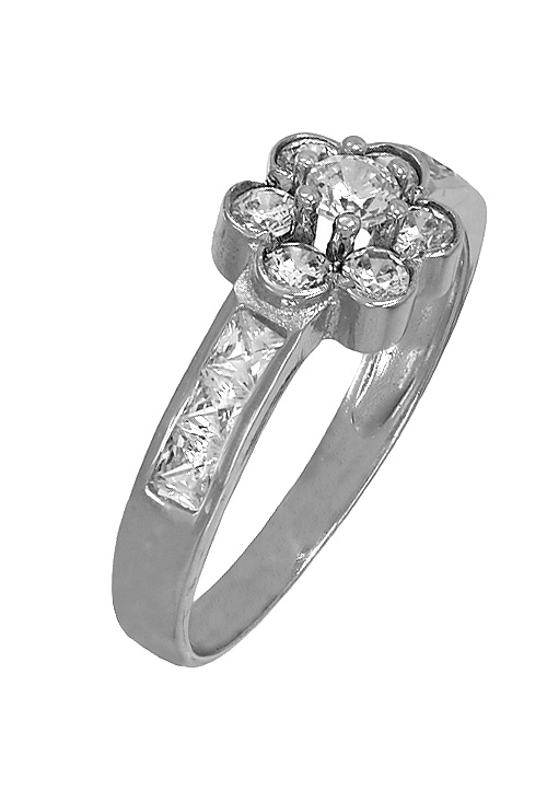 Conjunto oro blanco 18 ktes 002_50979B conjunto anillo y pendientes oro blanco 18 kilates motivo flor con circonitas foto sortija oblicua 002_50979B_02