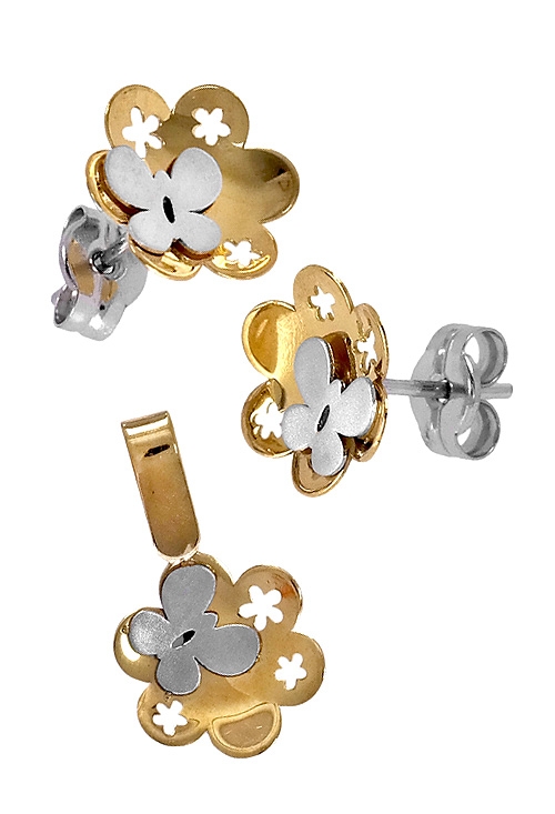 Conjunto oro para niña pendientes y colgante. 095_440362-370 conjunto oro bicolor 18 ktes para nina flor y mariposa 095_440362-370 foto conjunto