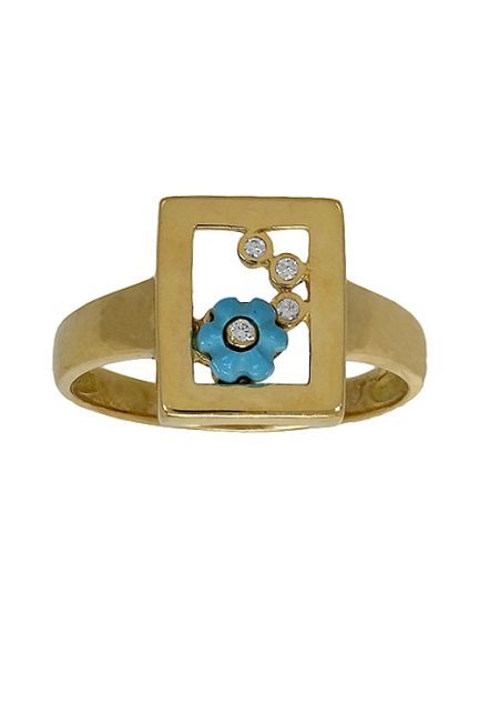 Conjunto oro, pendientes y sortija con flor de turquesa y circonitas, niña. 083_JI080 joyas para comunion a precios baratos