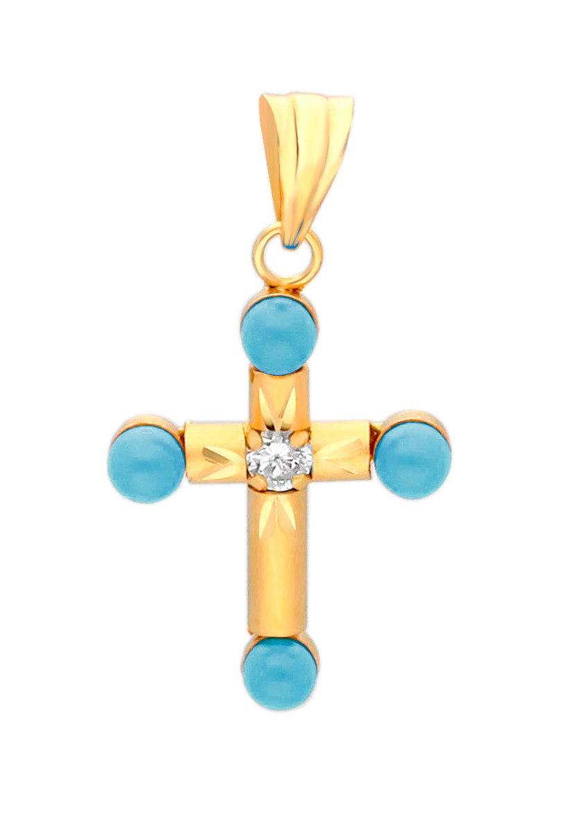Cruz oro amarillo 18K con turquesas 098_3362-XT cruz oro amarillo 18 kilates con turquesas y circonita foto para joyeria online toma frontal 098_3362-XT