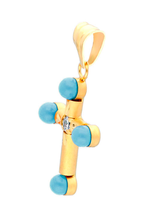 Cruz oro amarillo 18K con turquesas 098_3362-XT cruz oro amarillo 18 kilates con turquesas y circonita foto para joyeria online toma lateral 098_3362-XT_01