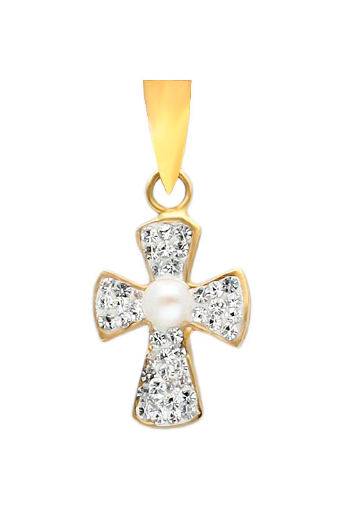 cruz oro amarillo 18 kilates perla y cristales swarovski vista frontal 030_2258