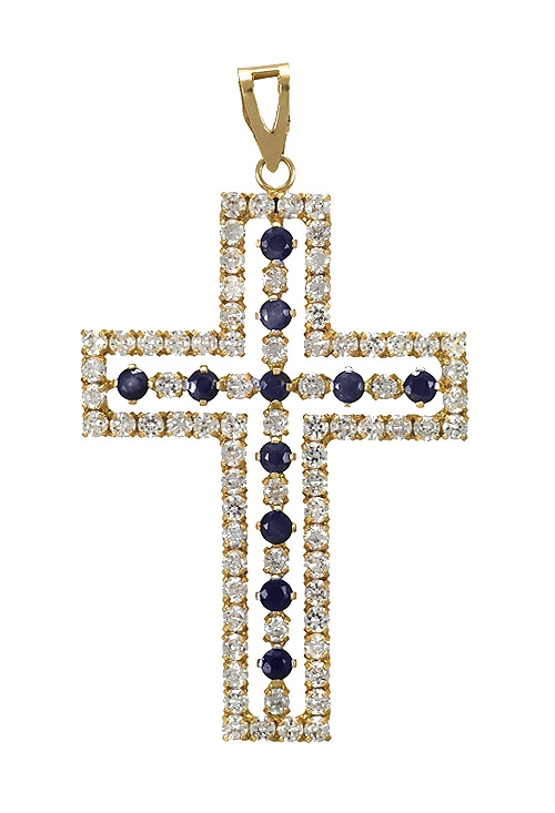 Cruz oro 18 ktes y circonitas azules y blancas 019_5527-RZ cruz oro amarillo 18 ktes con circonitas 019_5527-RZ joyas religiosas a precios baratos en oro de ley