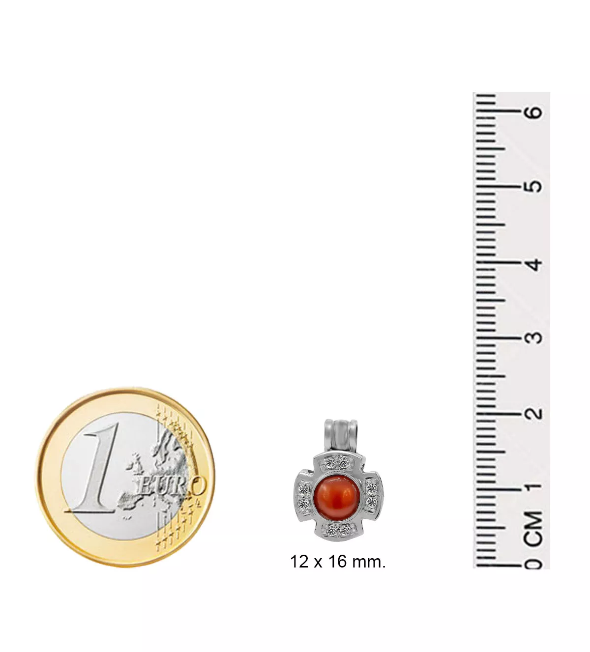 Cruz de oro blanco con coral "Eterna Juventud" cruz de oro blanco con coral y circonitas medidas