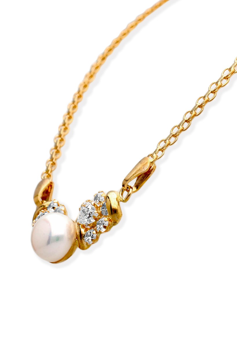 Gargantilla oro 18K con perlas y circonitas OCASIÓN 146_AN14-G gargantilla oro amarillo 18 ktes con perla cultivada y circonitas vista lateral con detalle