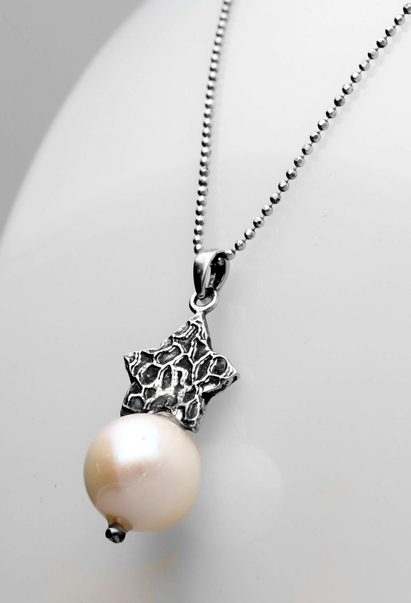 gargantilla plata cadena bolas con motivo perla cultivada y estrella cinco puntas foto para parrilla web toma lateral