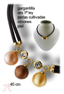 Gargantilla oro amarillo con perlas y circonitas en cordón de cuero. 140_G-8.103 Gargantillas oro 1ª ley 750 mmas. (18 k.) con motivo oro amarillo rfcia.140_G-8.103