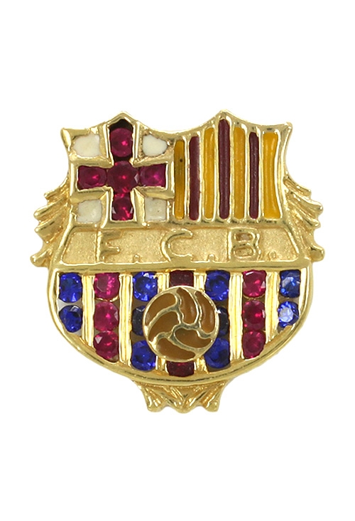 insignia de oro 18 ktes futbol club barcelona con esmalte a fuego y piedras finas rubies y zafiros vista frontal 083_JI095