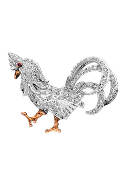 joya antigua broche de solapa gallo cuajado de diamantes y un rubi fino a modo de ojo vista frontal 038_LO-013-12-MY8