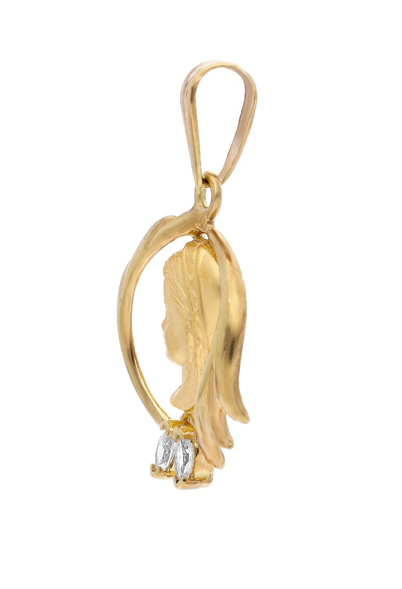 medalla oro amarillo 18k con circonitas virgen nina imagen de perfil calada vista lateral para web