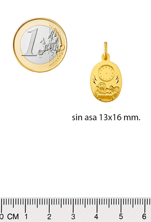 Medalla oro 18 ktes para bebé 18 K. 045_1416413-04 medalla oro para bebe vista con medidas