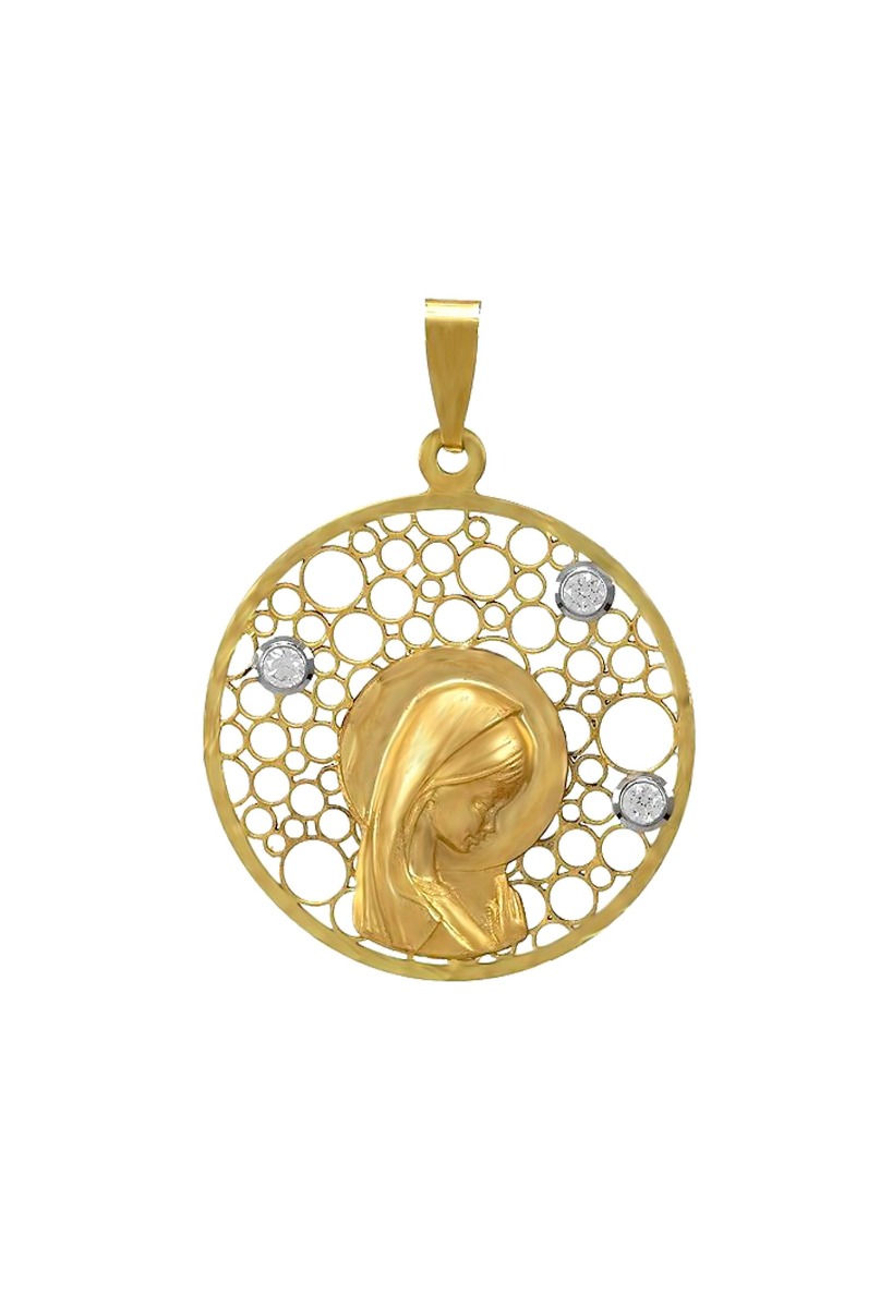 medalla oro 18 ktes virgen niña calado circulos vista frontal